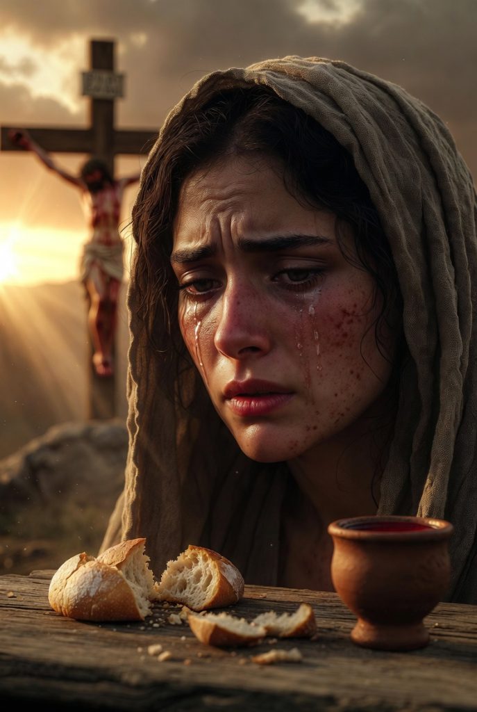 A woman in a head covering sits before broken bread and a cup, with the crucified Christ on a wooden cross in the background at sunset, symbolizing Mary near the scene of the Lord’s Supper and the crucifixion.