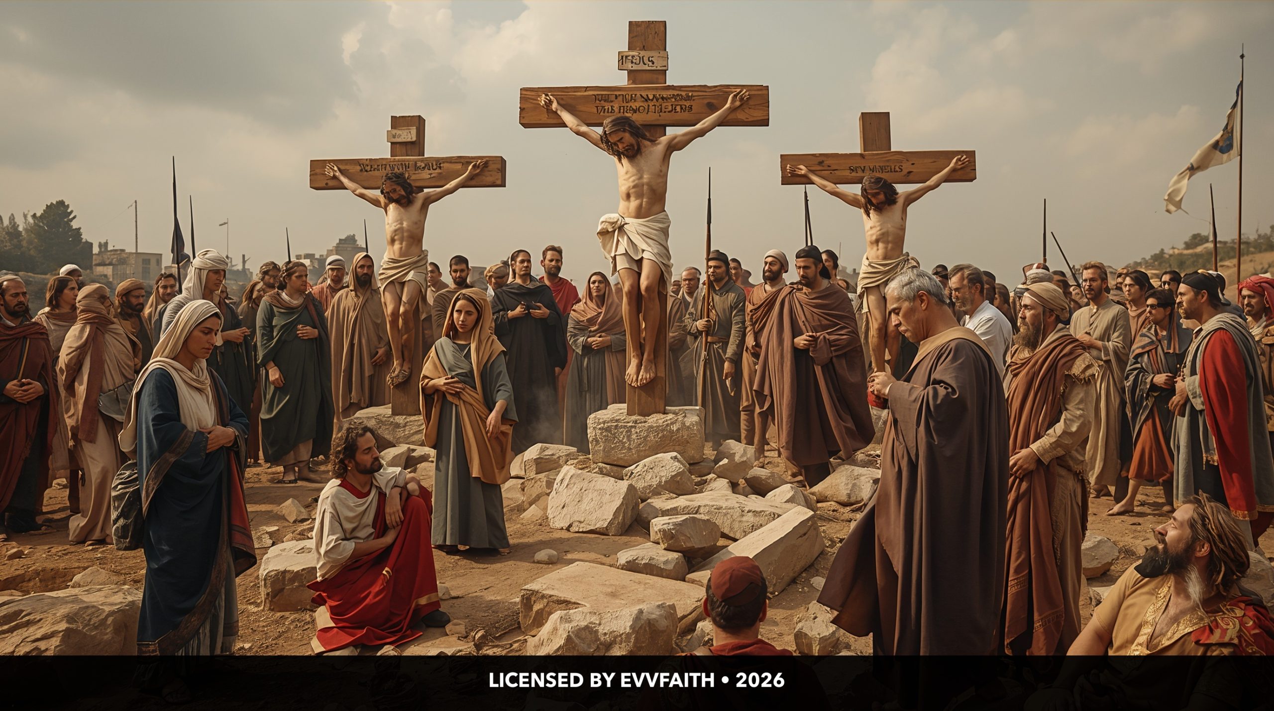 A large crowd gathered around three crosses at Golgotha, with Jesus on the center cross