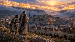 Elisha and his servant overlooking Dothan as the Aramean army surrounds the city and fiery chariots fill the hills.